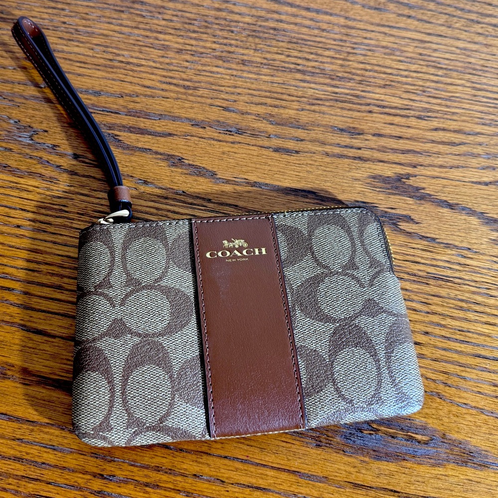 Coach Signature Corner Zip Wristlet, Khaki/Saddle